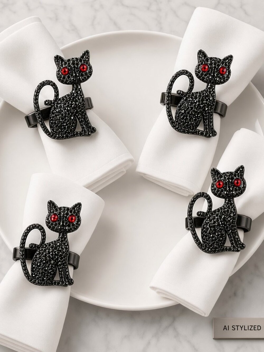 Tahari Black Cat Rhinestone Napkin Rings Set of 4 Red Eyes Halloween